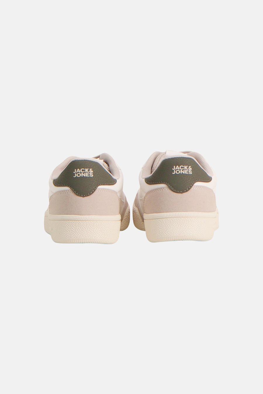White and beige low-top sneakers by Jack & Jones, back view with olive green heel tab and textured rubber sole