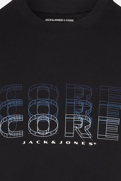 Zwart T-shirt met korte mouwen van JACK & JONES, met een CORE geometrisch patroon op de voorkant.