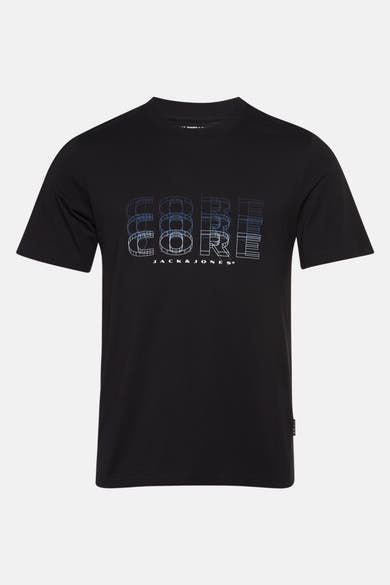 Zwart T-shirt met korte mouwen van Jack & Jones, met een geometrisch "CORE" motief op de voorkant.