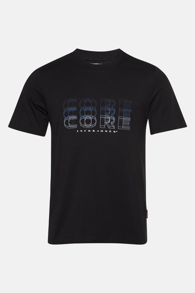 T-shirt à manches courtes noir de Jack & Jones, avec motif géométrique "CORE" sur le devant.