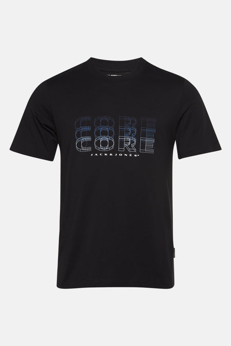 Zwart T-shirt met korte mouwen van Jack & Jones, met een geometrisch "CORE" motief op de voorkant.