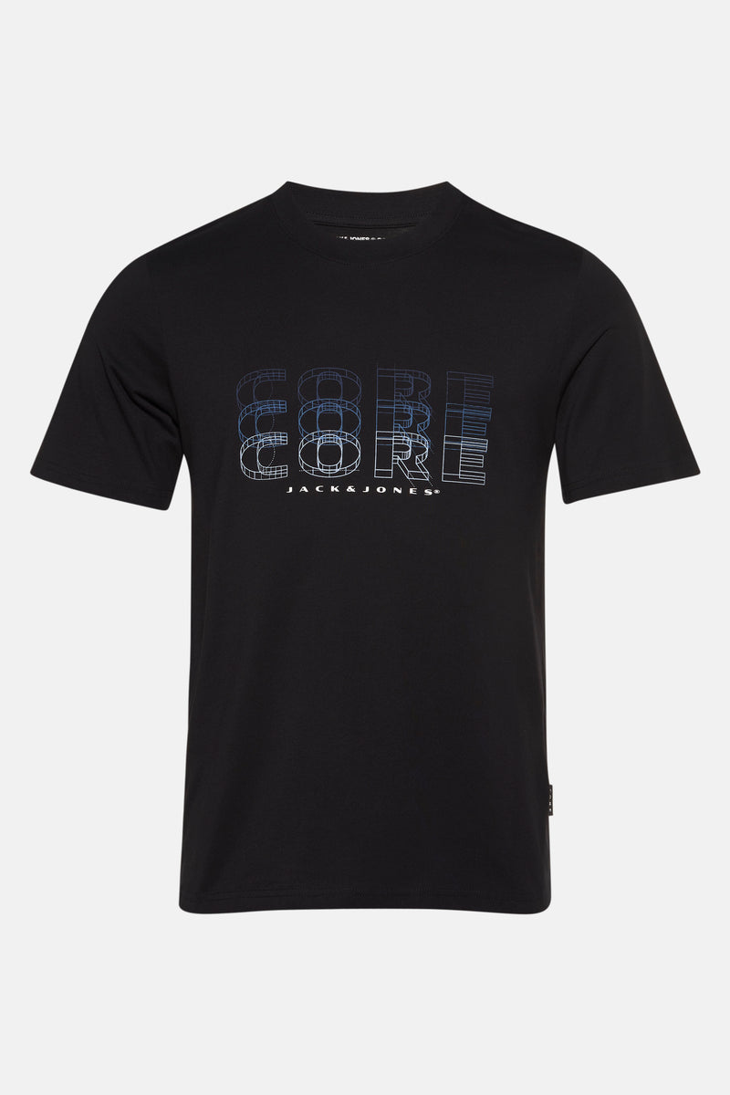 T-shirt à manches courtes noir de Jack & Jones, avec motif géométrique "CORE" sur le devant.