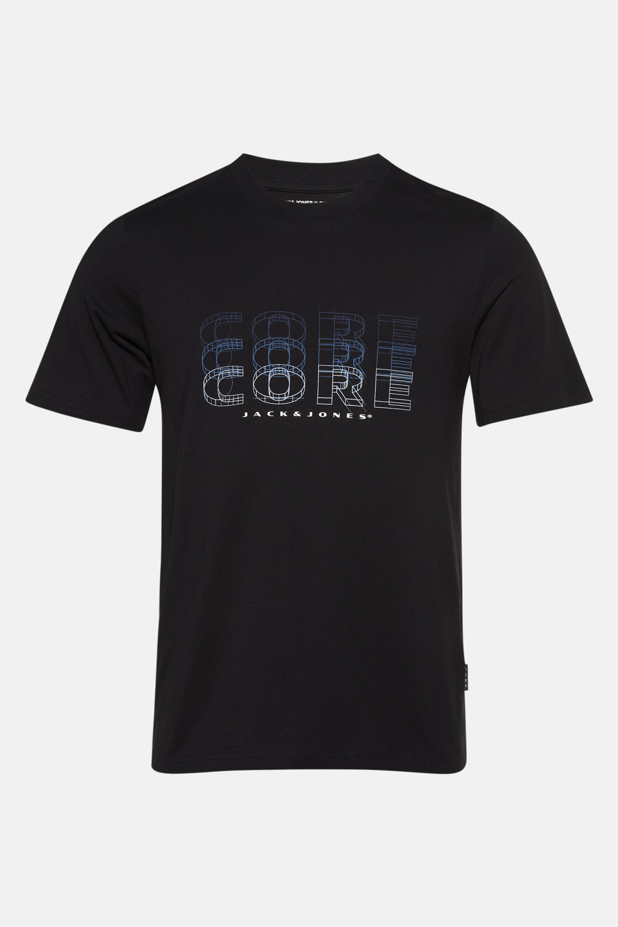 Zwart T-shirt met korte mouwen van Jack & Jones, met een geometrisch "CORE" motief op de voorkant.