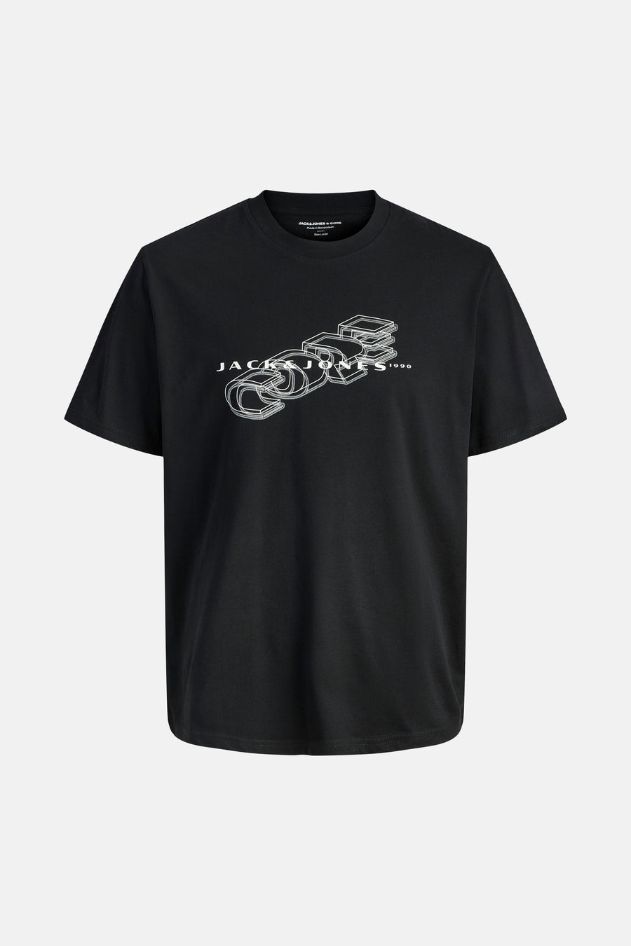 Zwart T-shirt met korte mouwen van JACK & JONES, met een witte grafische print op de voorkant.