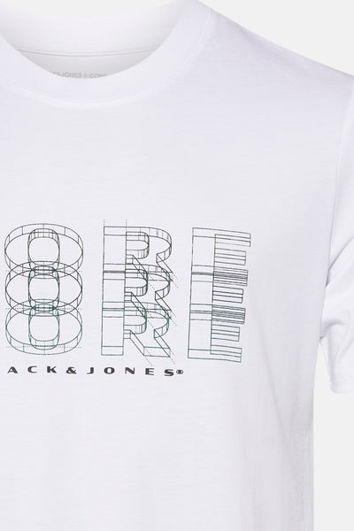 Wit T-shirt met korte mouwen van JACK & JONES met een grafische "CORE"-print en merklogo.