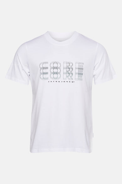 Wit T-shirt met korte mouwen van JACK & JONES, met een "CORE" grafische print op de voorkant.