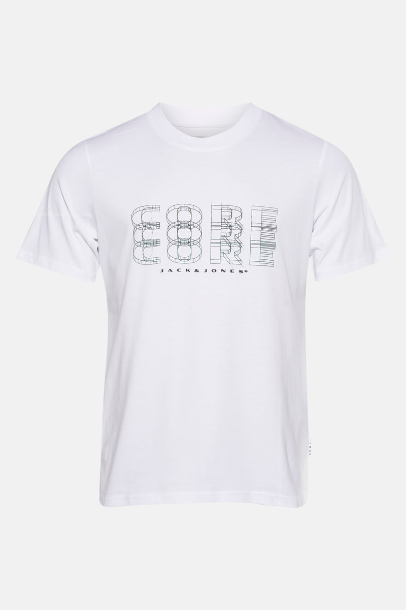 Wit T-shirt met korte mouwen van JACK & JONES, met een "CORE" grafische print op de voorkant.