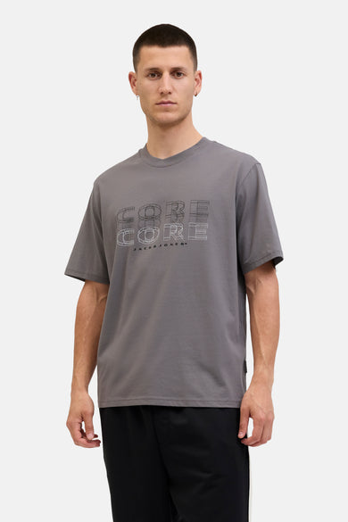 T-shirt à manches courtes gris de JACK & JONES, avec motif graphique "CORE" sur le devant.