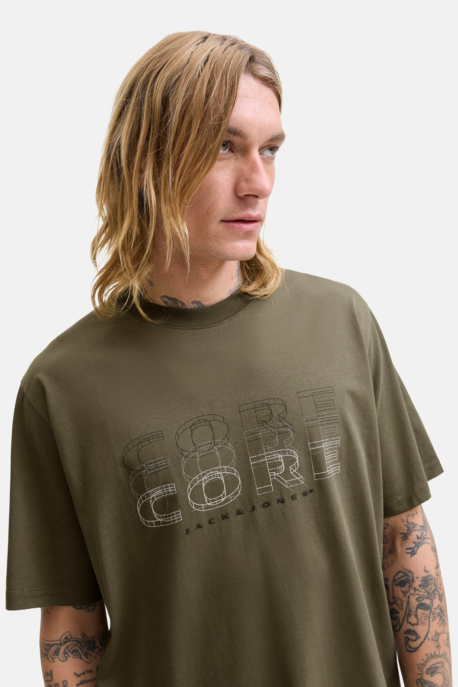 Groen T-shirt met korte mouwen van JACK & JONES, met een CORE grafische print op de voorkant.