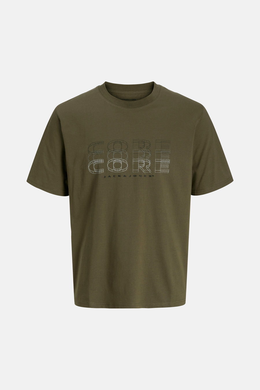Olijfgroen T-shirt met korte mouwen van JACK & JONES, met een "CORE" grafisch patroon in watermerk.