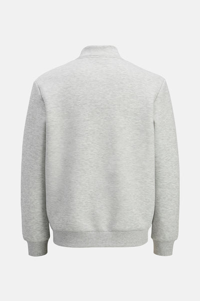 Grijze sweater van PREMIUM by JACK & JONES, achterkant, met opstaande kraag en geribde boorden.