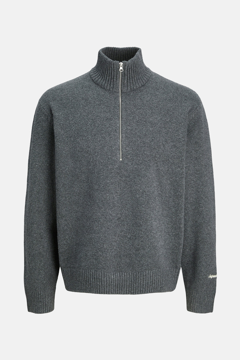 Pull gris à col roulé par ORIGINALS BY JACK & JONES, avec fermeture éclair et texture tricotée.