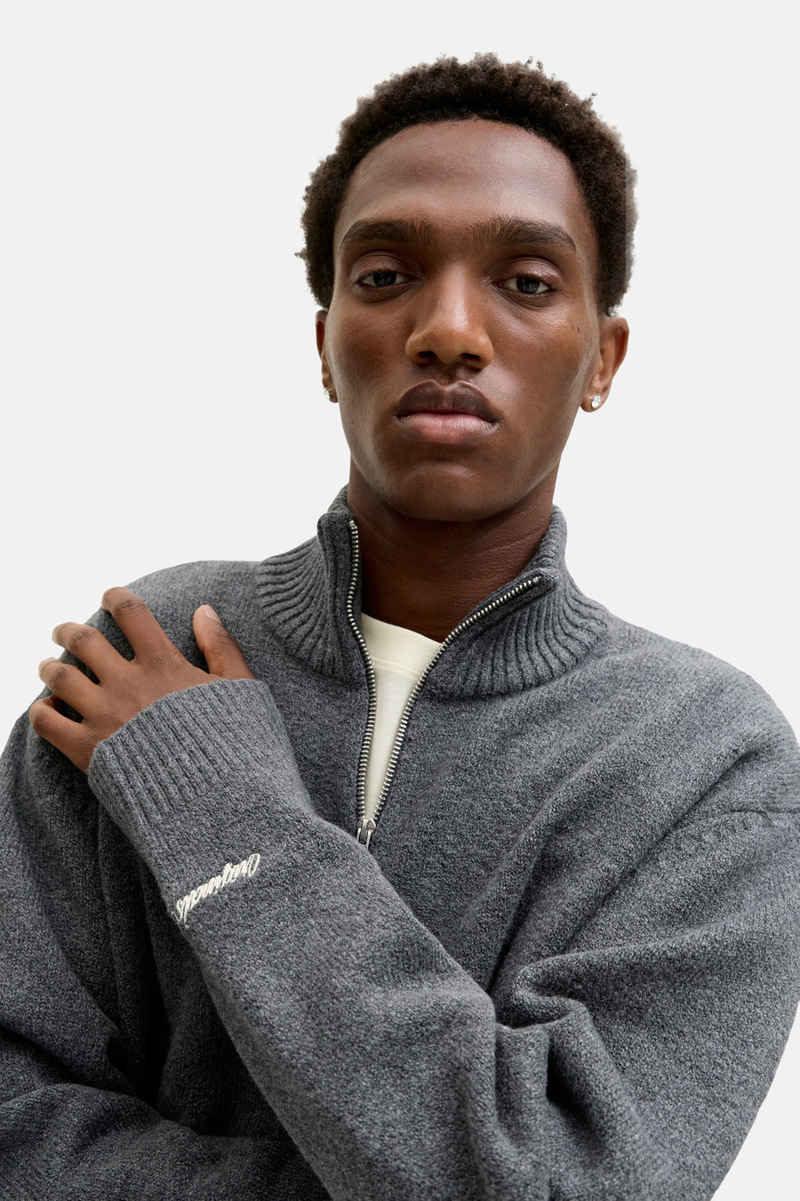 Pull à col rond gris de Originals by Jack & Jones avec fermeture éclair et motif de la marque sur la manche.
