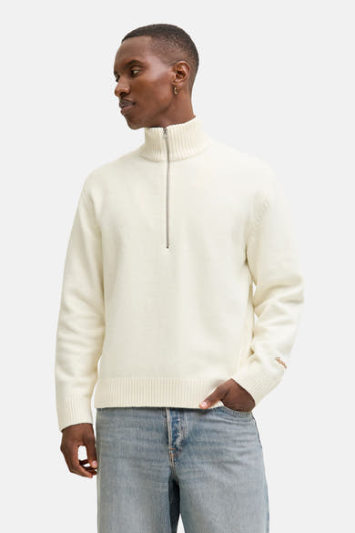 Gebreide coltrui in gebroken wit van ORIGINALS BY JACK & JONES, met zilverkleurige ritssluiting en geribbelde boorden.