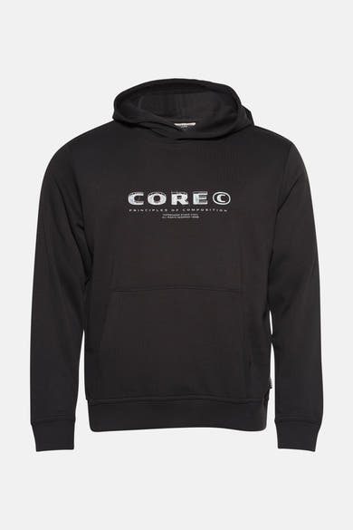 Sweat à capuche noir JACK & JONES avec logo imprimé sur le devant.
