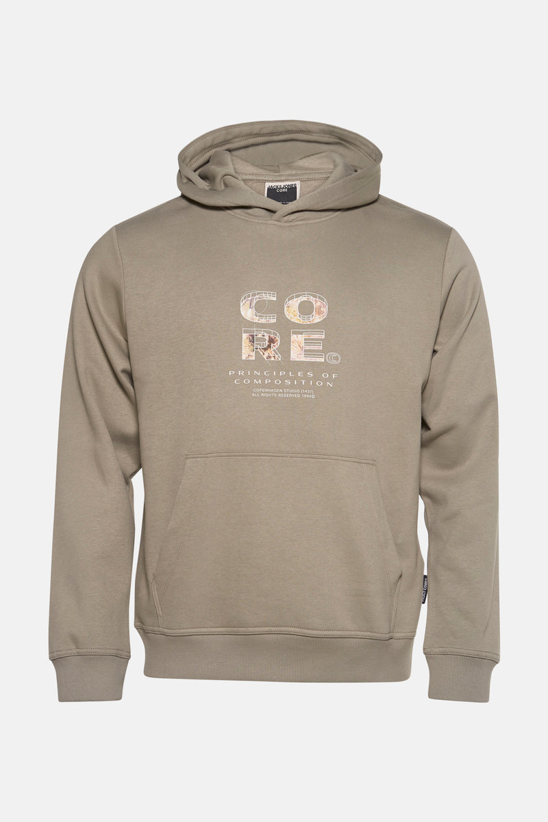 Sweat à capuche kaki de JACK & JONES CORE avec un imprimé décoratif sur le devant.
