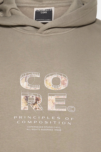 Sweat à capuche kaki de JACK & JONES avec motif "CORE" imprimé sur le devant.
