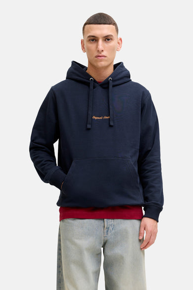Marineblauwe hoodie van PREMIUM by JACK & JONES, met trekkoord en kangoeroezak.