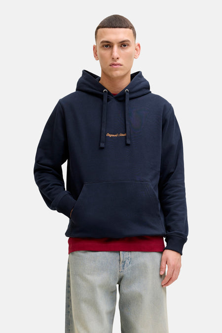 Marineblauwe hoodie van PREMIUM by JACK & JONES, met trekkoord en kangoeroezak.