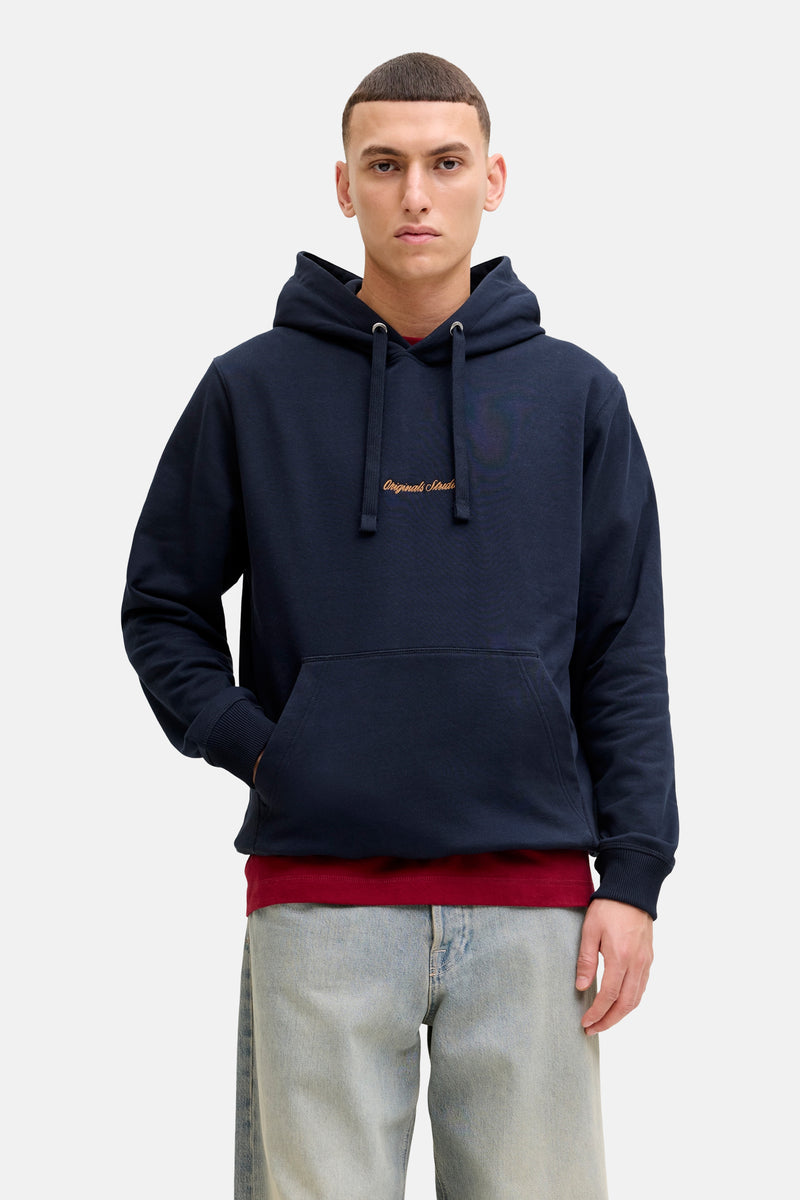 Marineblauwe hoodie van PREMIUM by JACK & JONES, met trekkoord en kangoeroezak.