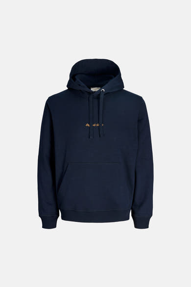 Blauwe hoodie van PREMIUM by JACK & JONES met trekkoord en kangoeroezak.