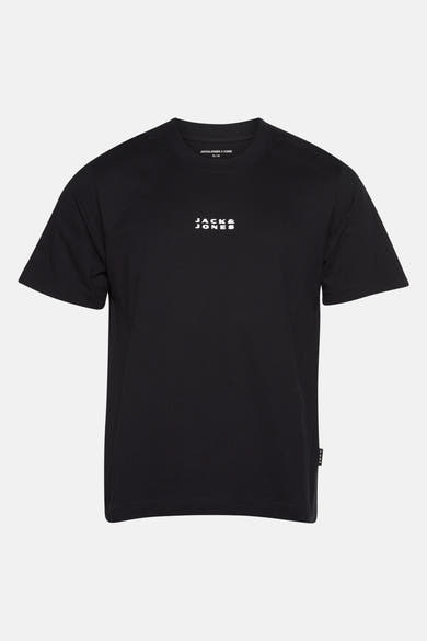 Zwart T-shirt met korte mouwen van JACK & JONES, versierd met een centraal logo.