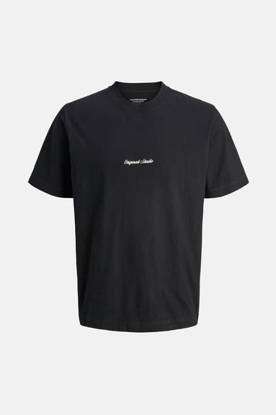 Zwart T-shirt met korte mouwen van ORIGINALS BY JACK & JONES, met witte opdruk 'Originals Studio' in het midden.