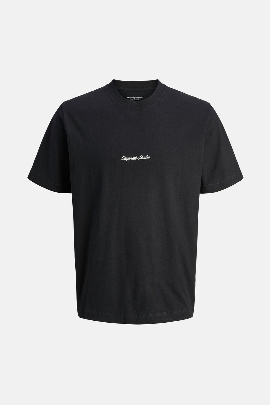 Zwart T-shirt met korte mouwen van ORIGINALS BY JACK & JONES, met witte opdruk 'Originals Studio' in het midden.