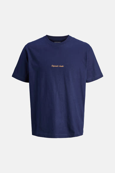 Blauw T-shirt met korte mouwen van ORIGINALS BY JACK & JONES, met geborduurd opschrift in het midden.