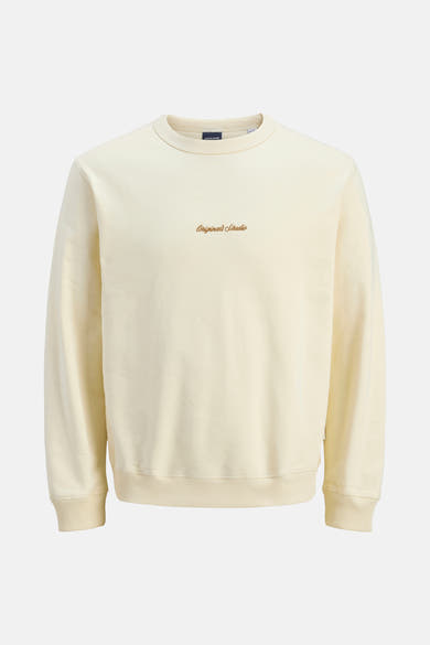 Ecru ronde hals sweatshirt van Originals by Jack & Jones, met een geborduurd logo op de borst.