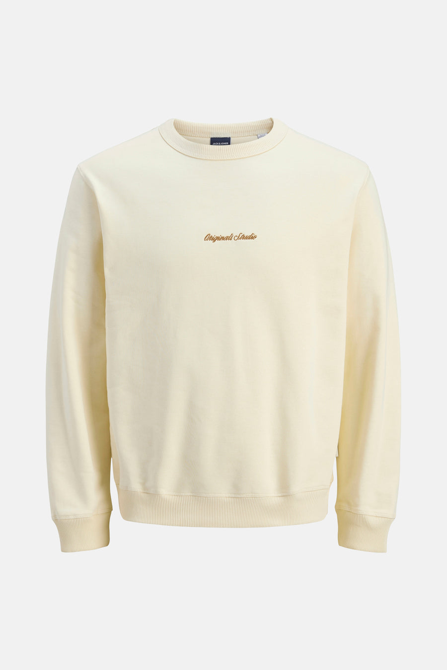 Ecru ronde hals sweatshirt van Originals by Jack & Jones, met een geborduurd logo op de borst.