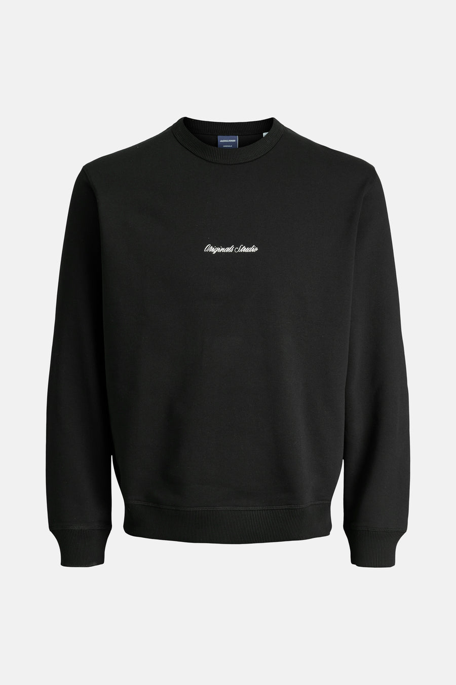 Zwarte rondehals sweatshirt van ORIGINALS BY JACK & JONES met geborduurde "Originals Studio" tekst.
