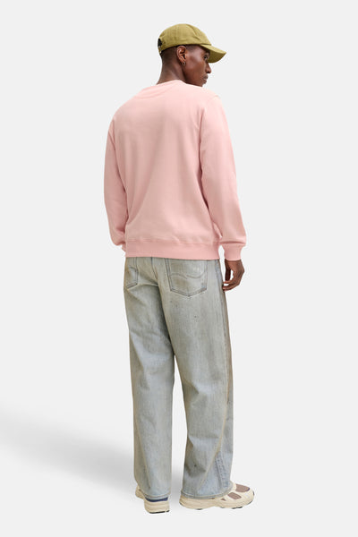 Sweat-shirt rose col rond par ORIGINALS BY JACK & JONES, porté avec un chapeau et un jean amples, vue de dos.