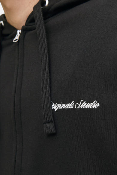 Zwarte rits-sweatshirt van PREMIUM by JACK & JONES met capuchon met trekkoord en geborduurd logo.