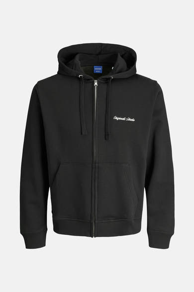 Zwarte sweatvest van PREMIUM by JACK & JONES met capuchon, ritssluiting en geborduurd logo op de borst.