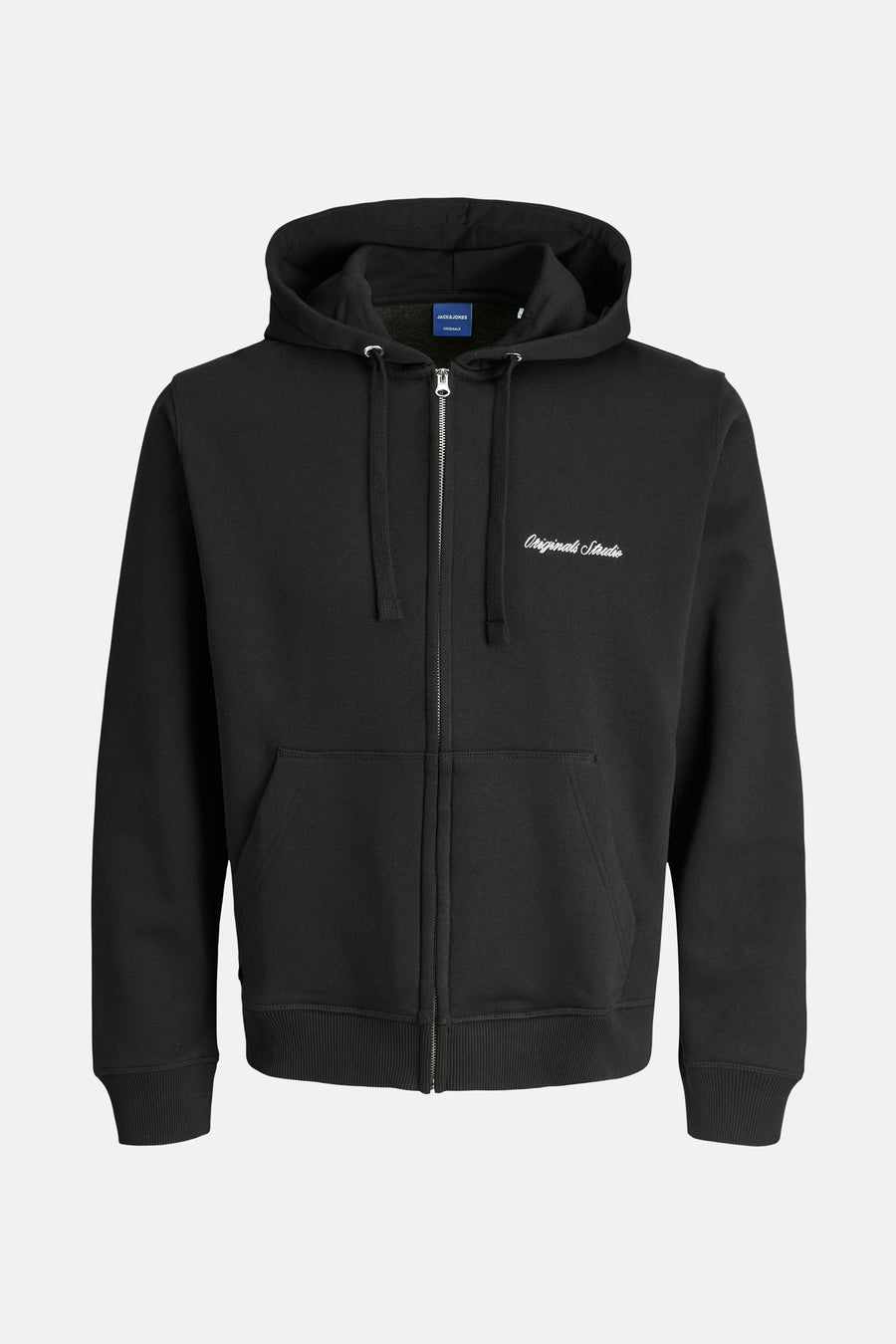 Zwarte sweatvest van PREMIUM by JACK & JONES met capuchon, ritssluiting en geborduurd logo op de borst.