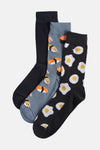 Lot de chaussettes multicolores by Accessories by Jack & Jones avec des motifs de sushi et œufs sur fond noir, gris et uni.