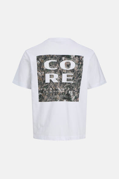 Wit T-shirt met korte mouwen van JACK & JONES met camouflagegrafische print op de rug.