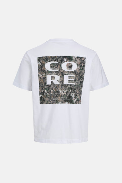T-shirt blanc à manches courtes de JACK & JONES avec imprimé graphique camouflage au dos.
