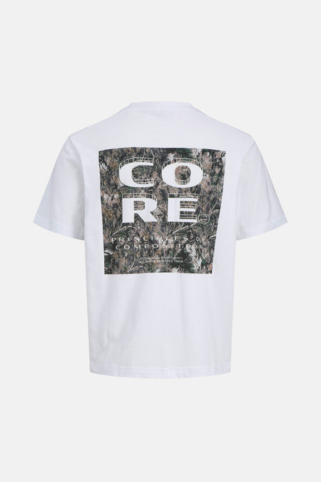 Wit T-shirt met korte mouwen van JACK & JONES met camouflagegrafische print op de rug.