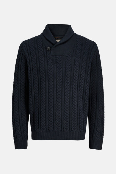 Blauwe coltrui van PREMIUM by JACK & JONES, met kabelpatroon.