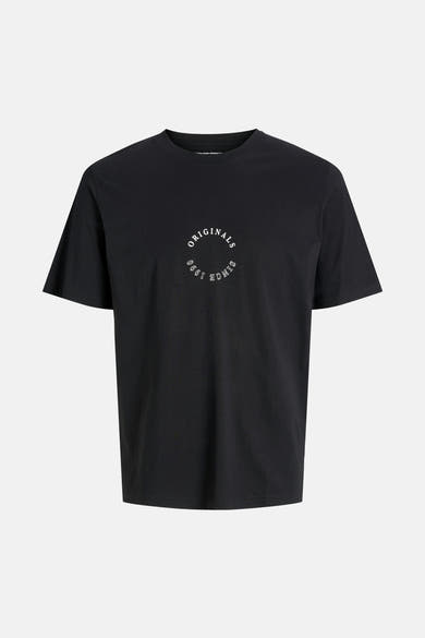 Zwart T-shirt met korte mouwen van PREMIUM by JACK & JONES met een cirkelvormig logo op de borst.