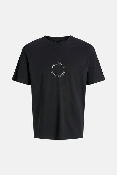 Zwart T-shirt met korte mouwen van PREMIUM by JACK & JONES met een cirkelvormig logo op de borst.