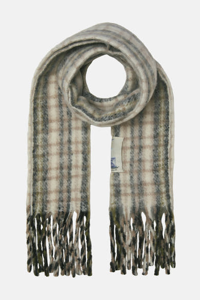 Beige sjaal van een wolmix van ACCESSORIES BY JACK & JONES, met een gestreept patroon en kabelsteek op een witte achtergrond.