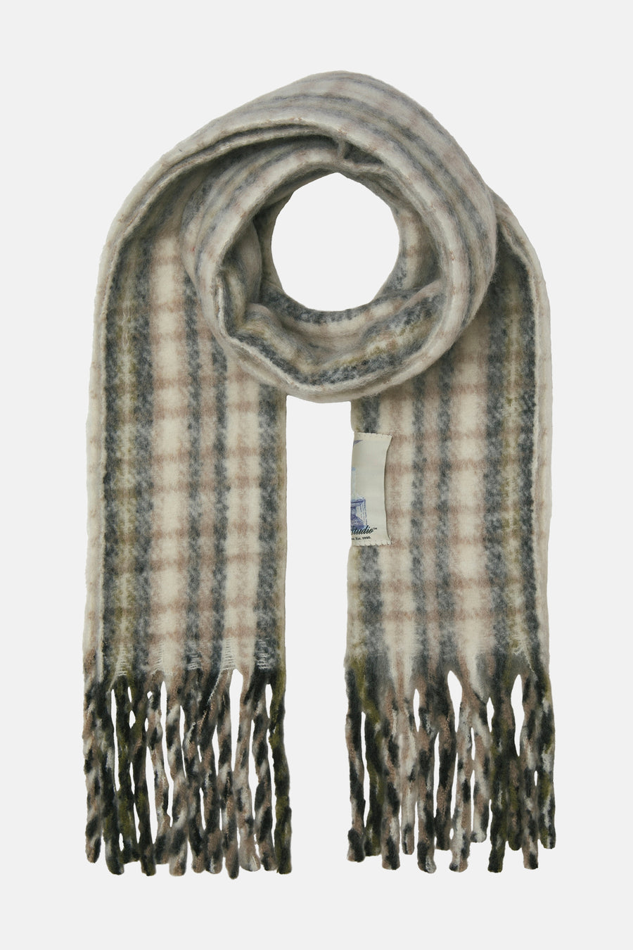 Beige sjaal van een wolmix van ACCESSORIES BY JACK & JONES, met een gestreept patroon en kabelsteek op een witte achtergrond.