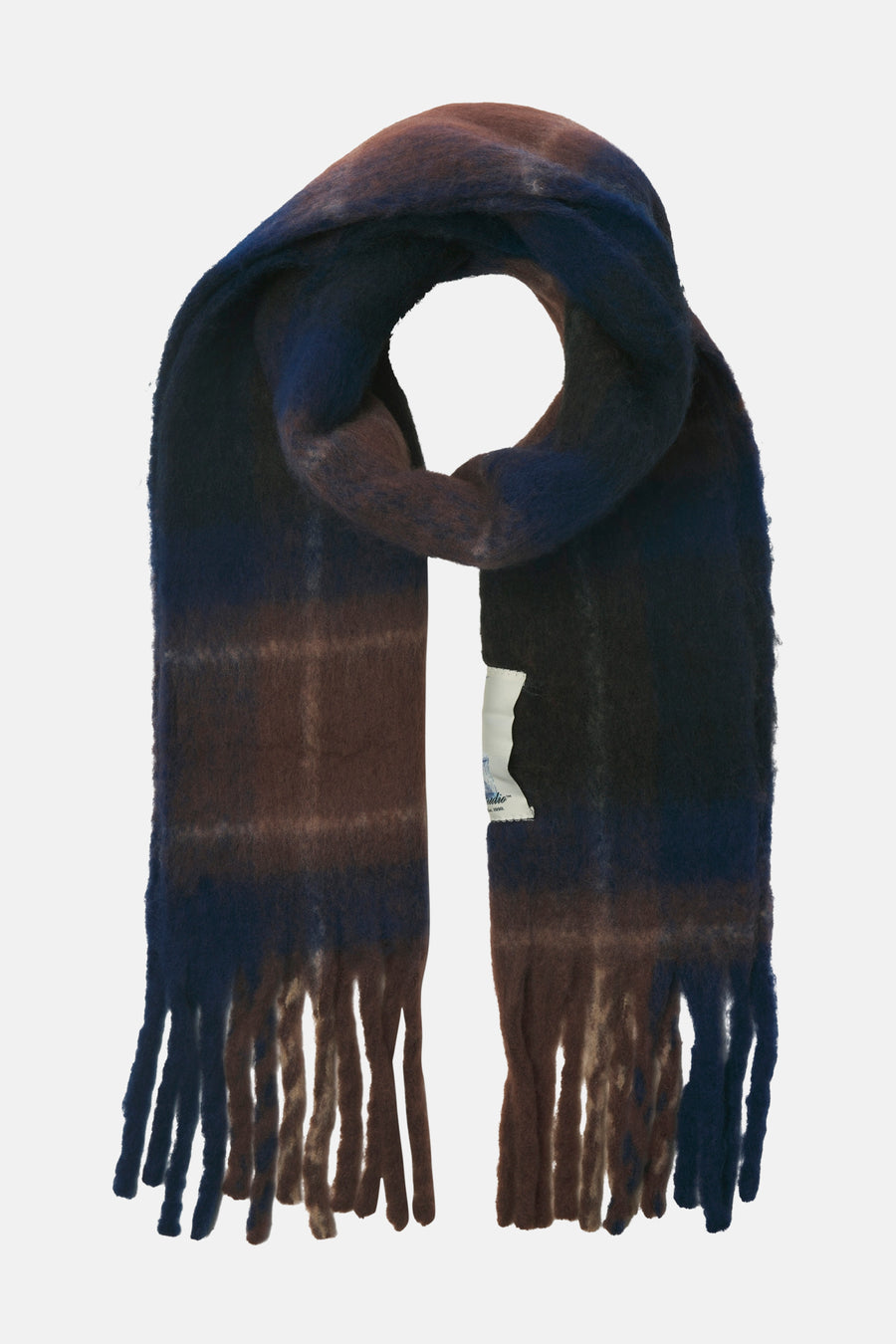 Multikleurige sjaal van ACCESSORIES BY JACK & JONES, opgerold met zichtbare franjes.