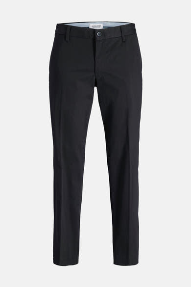 Zwarte chino broek van JACK & JONES, strakke pasvorm op een effen achtergrond.