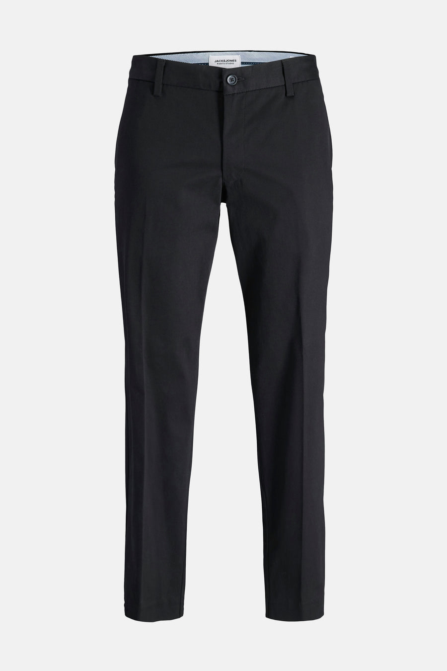Zwarte chino broek van JACK & JONES, strakke pasvorm op een effen achtergrond.