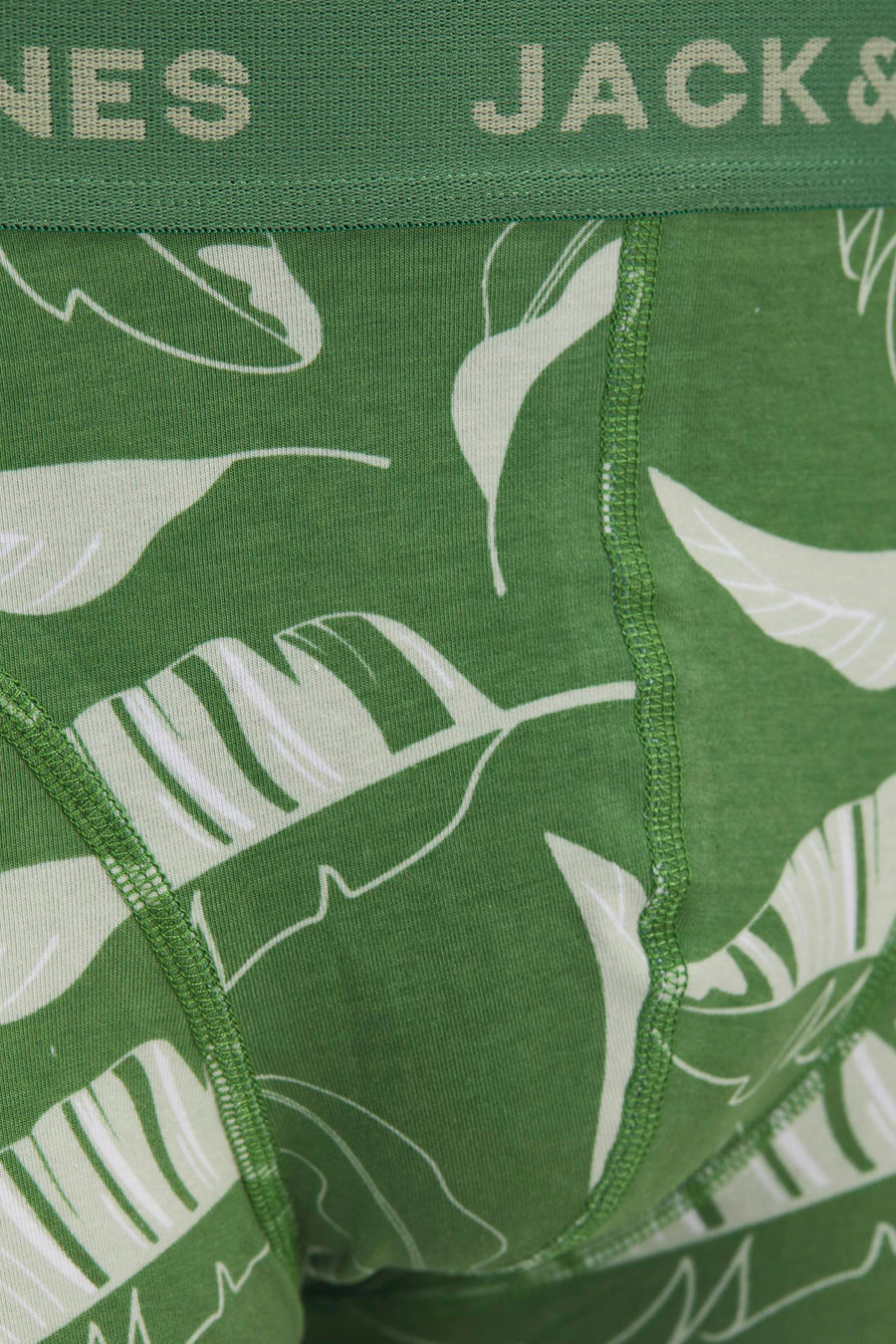 Boxer vert par ACCESSORIES BY JACK & JONES, imprimé avec des motifs de feuilles vertes et blanches.