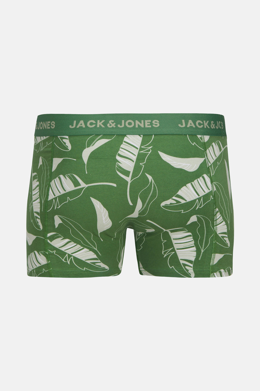 Boxer vert à motif de feuilles par Accessories by Jack & Jones, avec une ceinture élastique portant le logo de la marque.